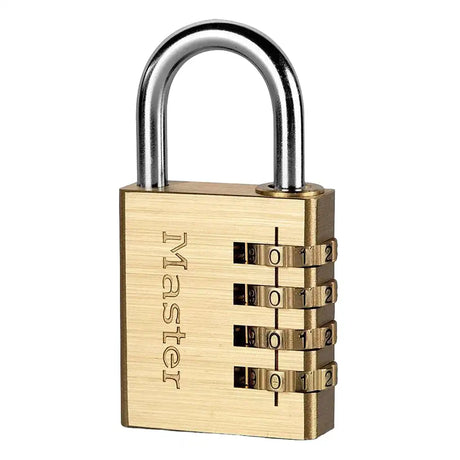Gold combination lock with 'Master' branding on a white background
