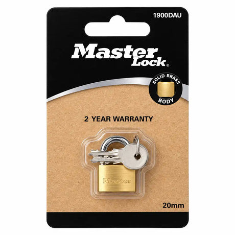 Master Lock 1900DAU 20mm brass padlock retail packaging showing solid brass body and two-year warranty