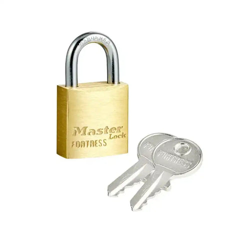 Brass padlock with a key on a white background, featuring the Master Lock brand.