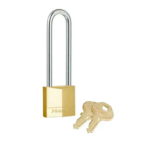 Brass padlock with a long shackle and two keys on a white background