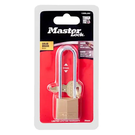 Master Lock brass padlock in packaging on a white background
