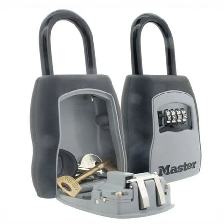 Gray key storage lock box with combination lock on a white background