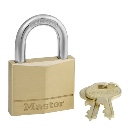 Brass padlock with a key on a white background, featuring the Master Lock brand.