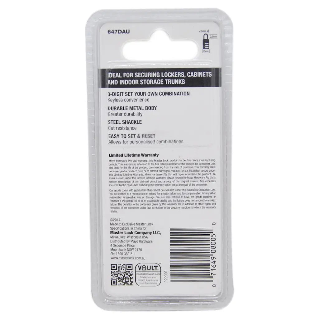 Back of a Master Lock product packaging with text and branding.