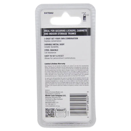 Back of a Master Lock product packaging with text and branding.