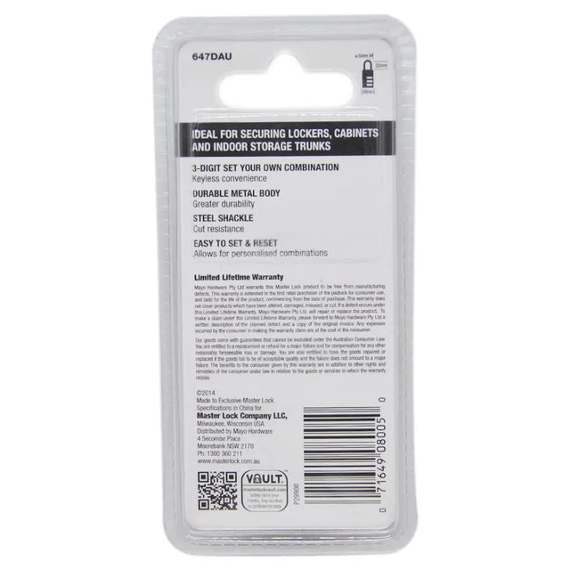 Back of a Master Lock product packaging with text and branding.