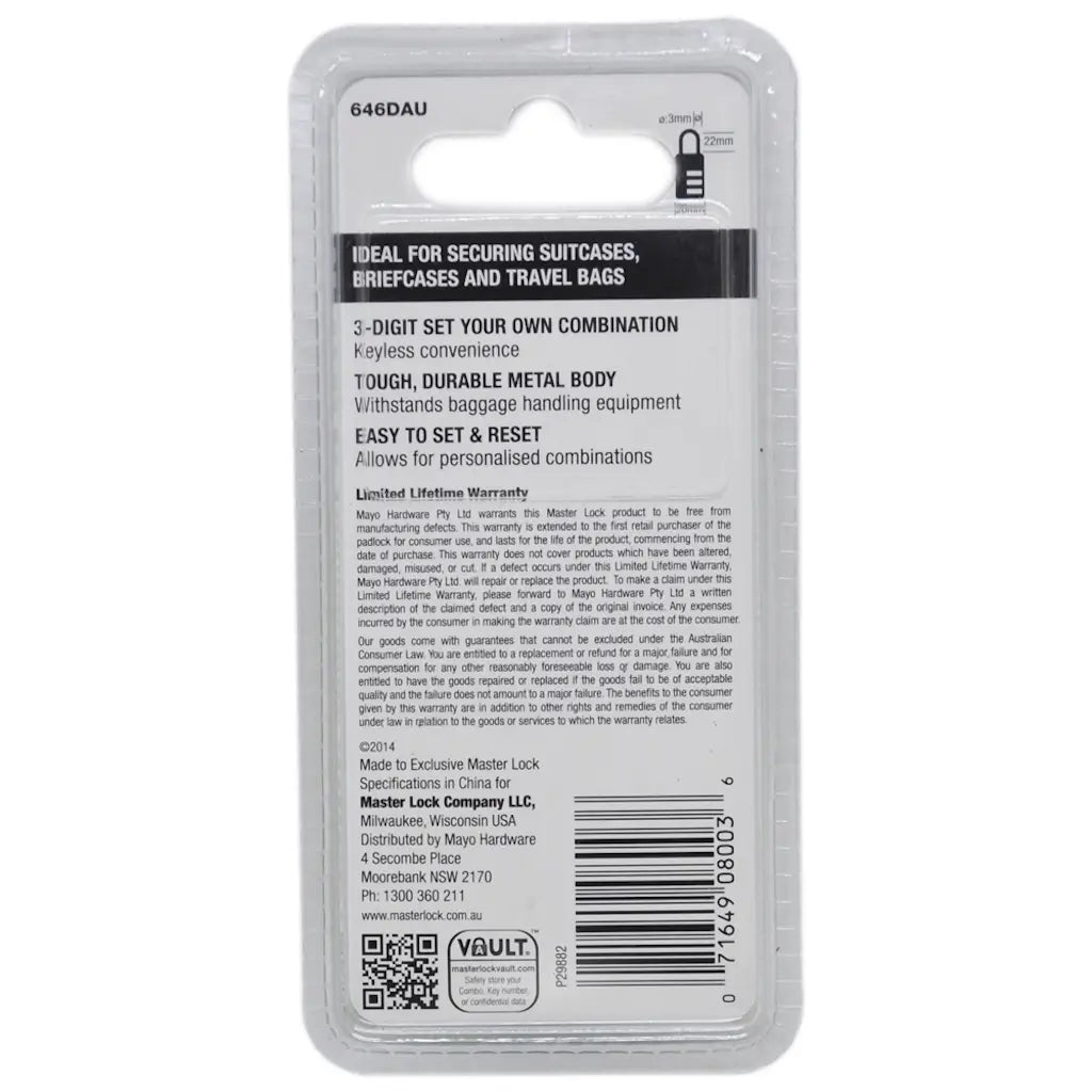 Back of a Master Lock security lock packaging with text and product details.