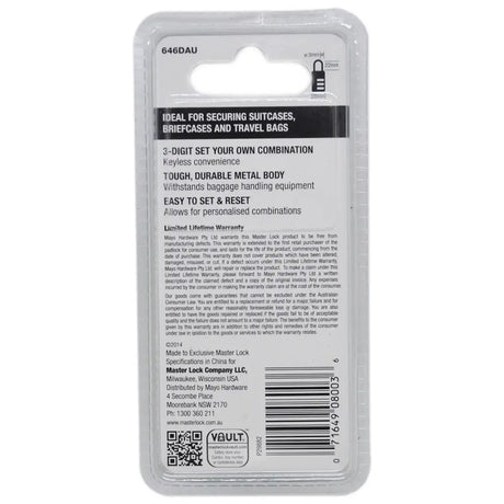 Back of a Master Lock security lock packaging with text and product details.