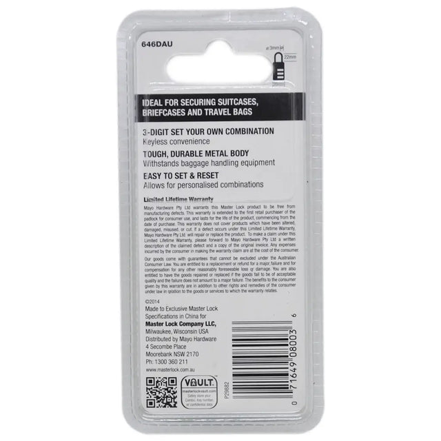 Back of a Master Lock security lock packaging with text and product details.