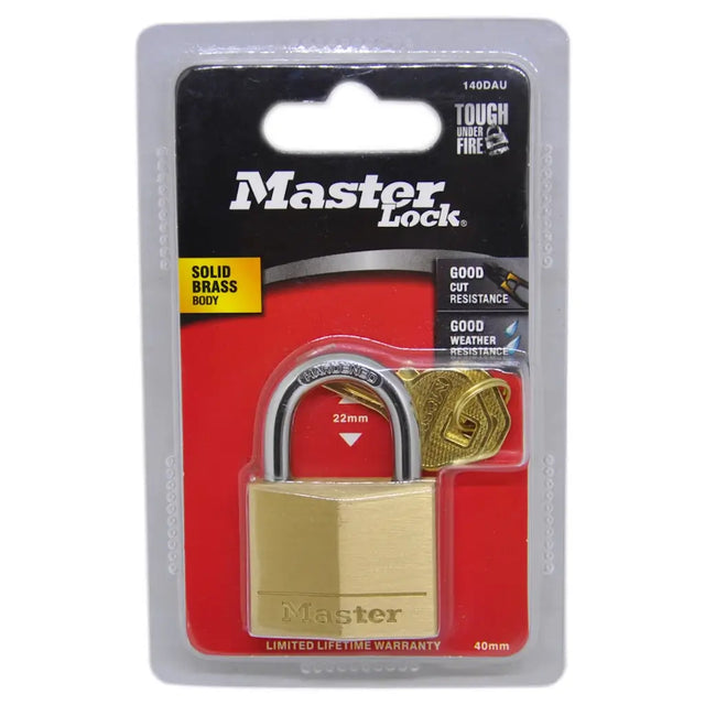 Master Lock brass padlock in packaging on a white background