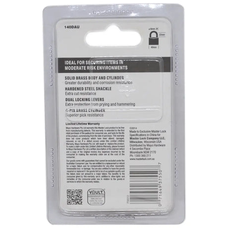 Back view of a Vault security lock packaging with text and QR code on a white background