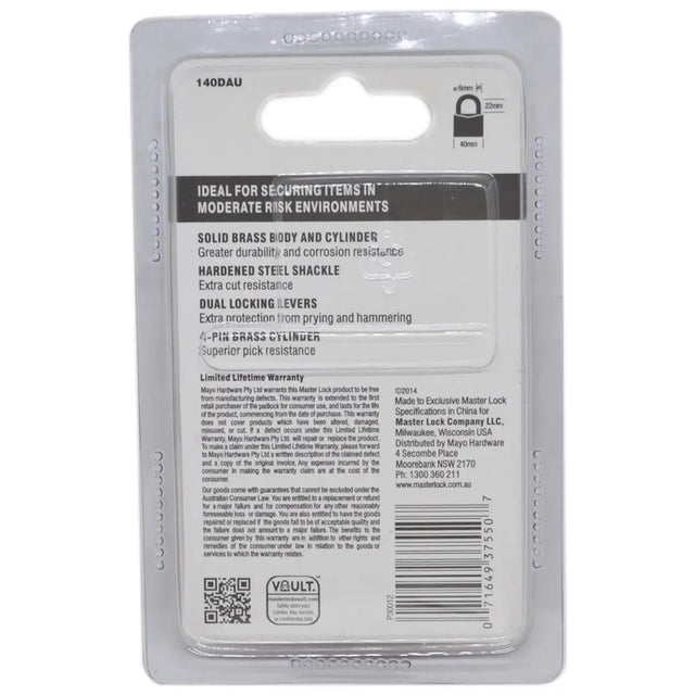 Back view of a Vault security lock packaging with text and QR code on a white background