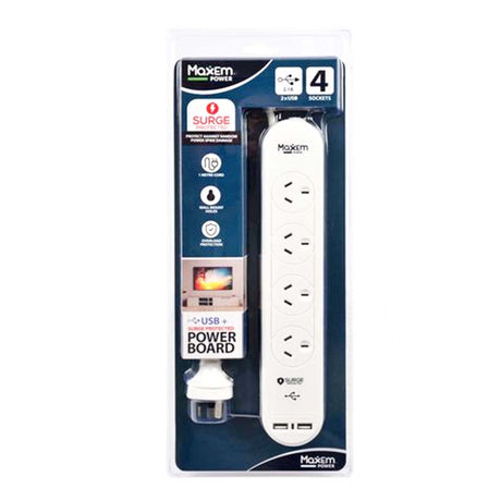 MaxEm 1m 4 Switched Outlets Powerboard With 2USB ELS-0443