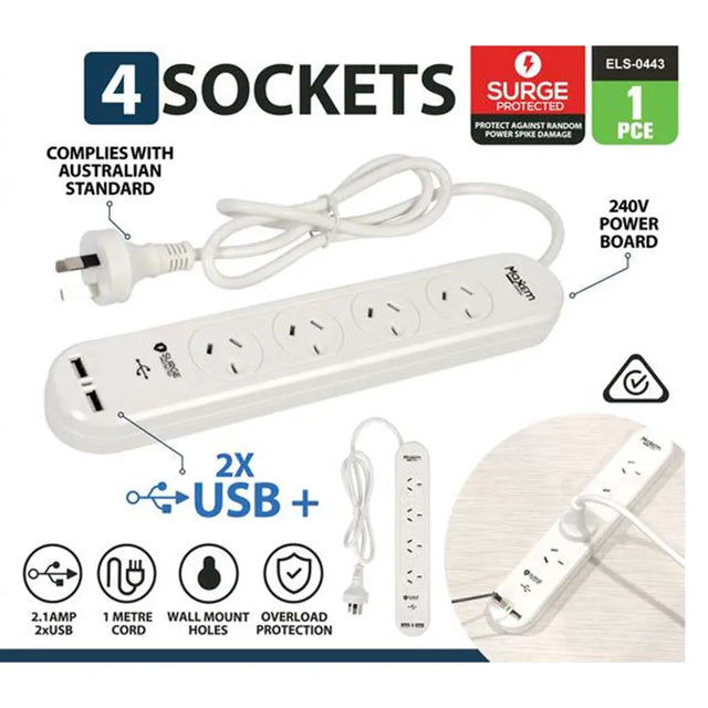 Power strip with multiple sockets and USB ports, featuring surge protection and compliance with Australian standards.