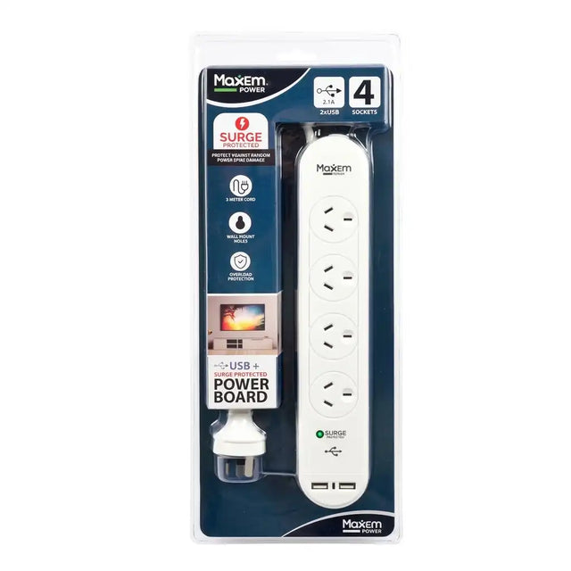 Maxim Power 4-socket power board with USB ports in packaging on a white background
