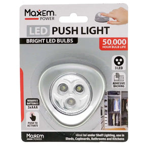 MaxEm Power LED push light packaging with bulb and adhesive backing details.