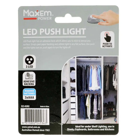 Maxem LED Push Light packaging with a closet scene on the label