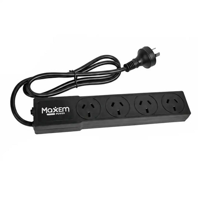 A black Maxem Power 4-outlet surge protector power board with a coiled black power cord and a three-pin plug, shown on a plain white background.