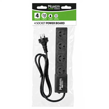 MaxEm Power 4 Socket Power Board in black, packaged in a clear plastic bag with a green and black header card.