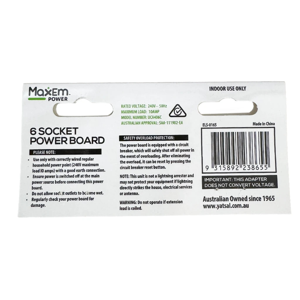 MaxEm 6 Way Power Board 10A With Overload Protection White ELS-0165