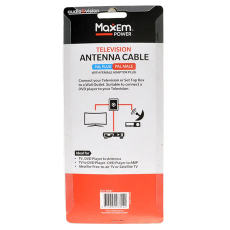 Maxem Power television antenna cable packaging on a white background