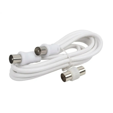 White cable with three metallic connectors on a white background