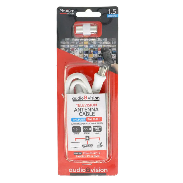 Packaged television antenna cable with 'audio&vision' branding on a white background