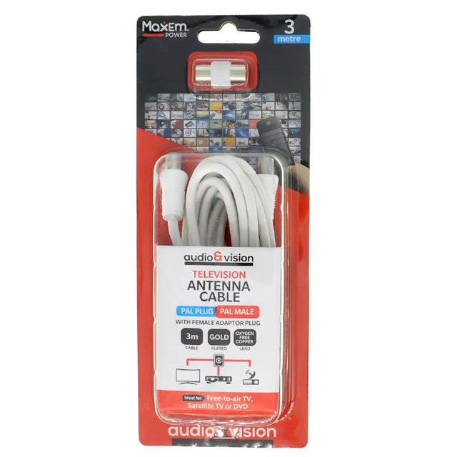 Packaged television antenna cable with 'Maxem' and 'Audio Vision' branding on a white background