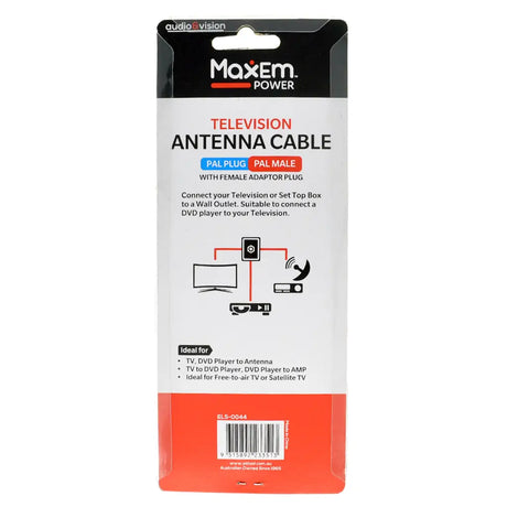 Maxem Television Antenna Cable packaging with label and diagram on a white background