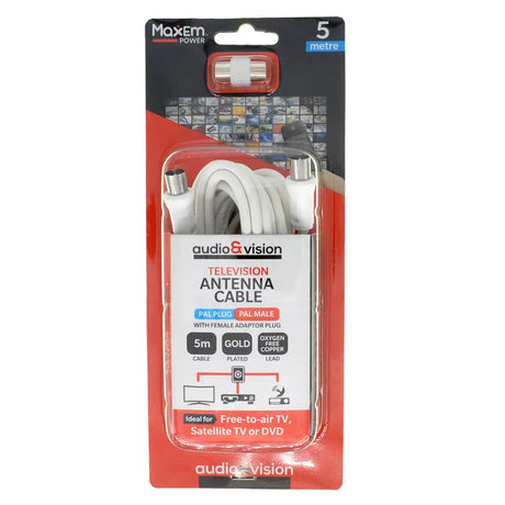 Packaged television antenna cable with Maxem branding on a white background