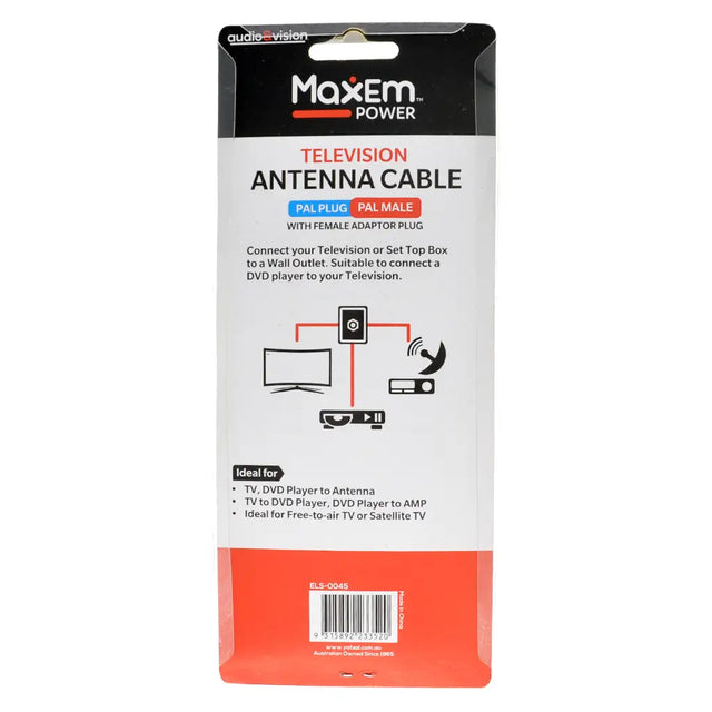 Maxem Power television antenna cable packaging on a white background
