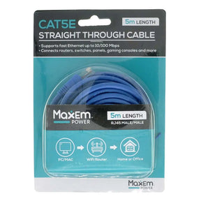 Maxem Power CAT5E cable packaging with blue cable inside on a white background