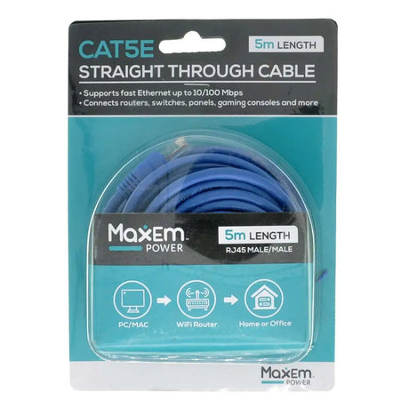 Maxem Power CAT5E cable packaging with blue cable inside on a white background