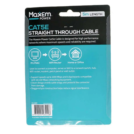 Maxem Power Cat5e straight through cable packaging on a white background
