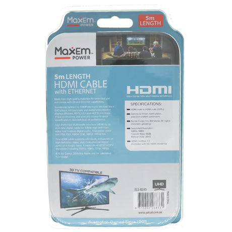 MaxEm Power HDMI cable packaging with specifications and branding on a white background