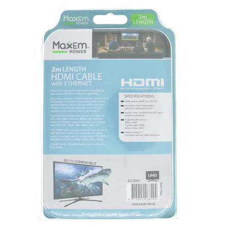 MaxEm HDMI cable packaging with specifications and branding on a white background