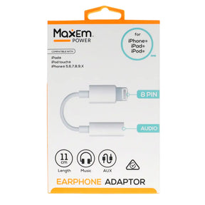 Maxem earphone adapter packaging with product illustration on a white background