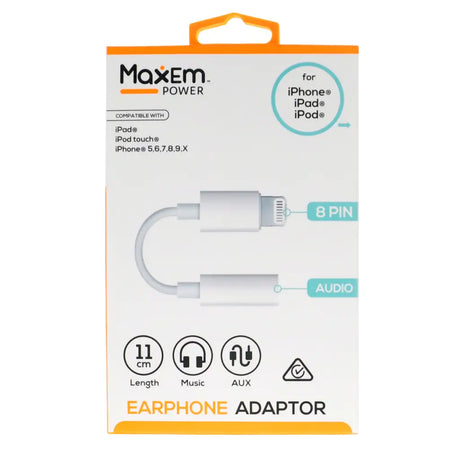 Maxem earphone adapter packaging with product illustration on a white background