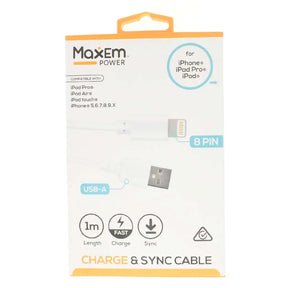 Maxem power cable packaging with USB-A and 8-pin connectors on a white background