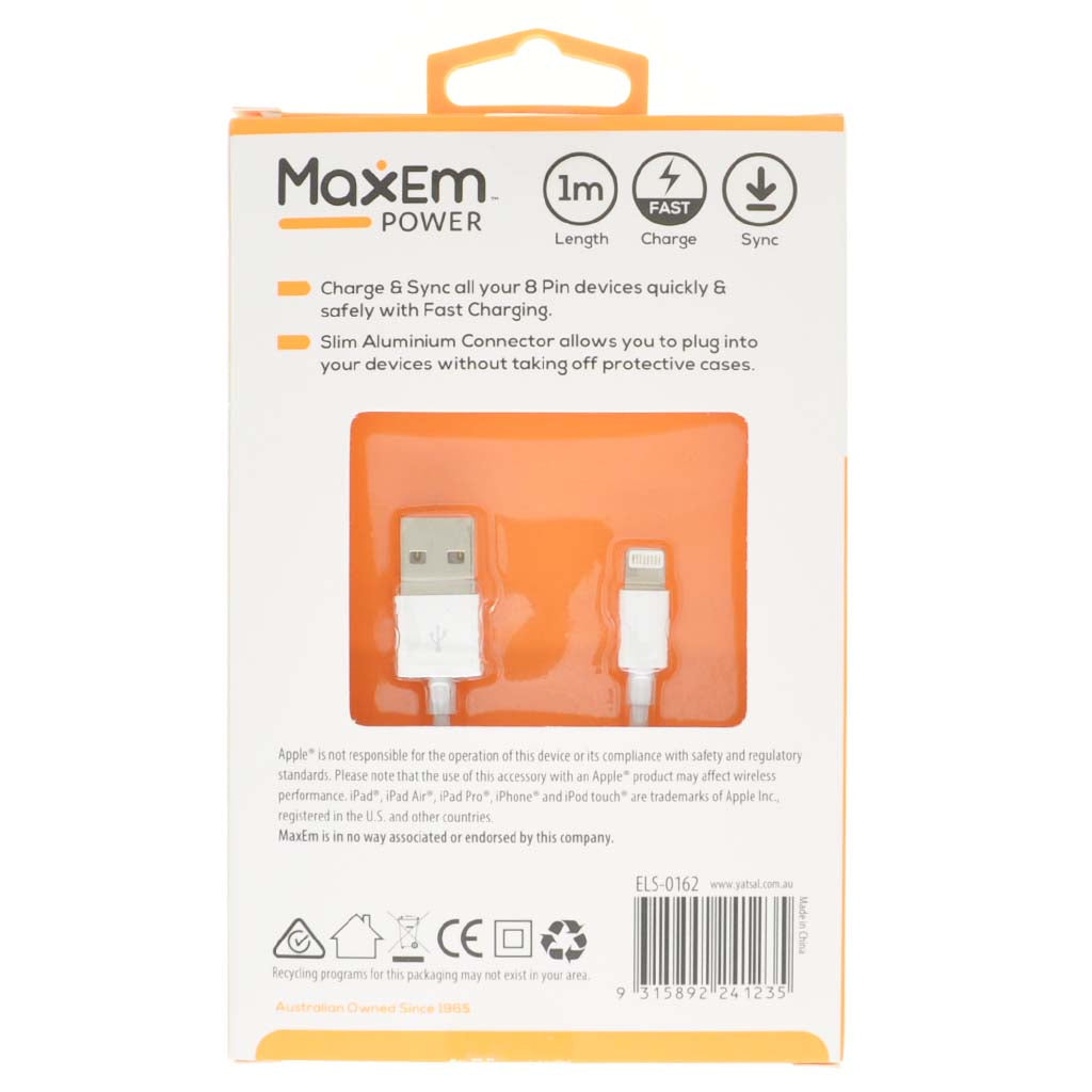 MaxEm Lightning To USB-A Charge & Sync Cable 1M ELS-0162