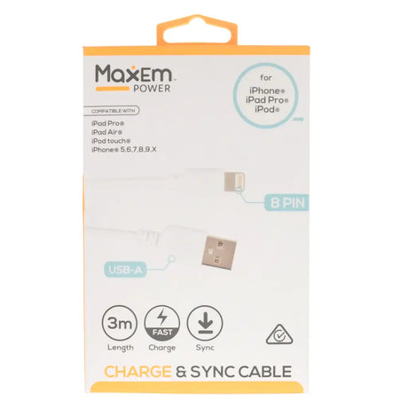 Maxem power cable packaging for Apple devices on a white background