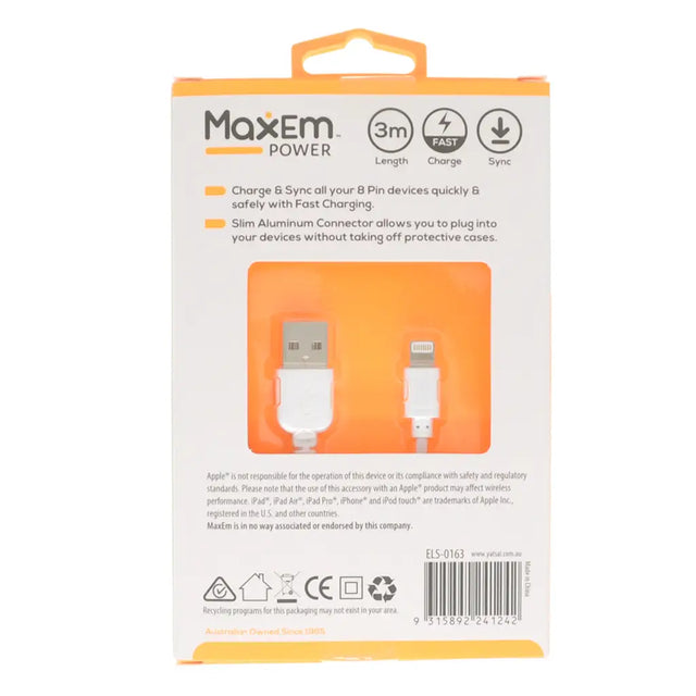 Maxem Power cable packaging with USB connector illustration on a white background
