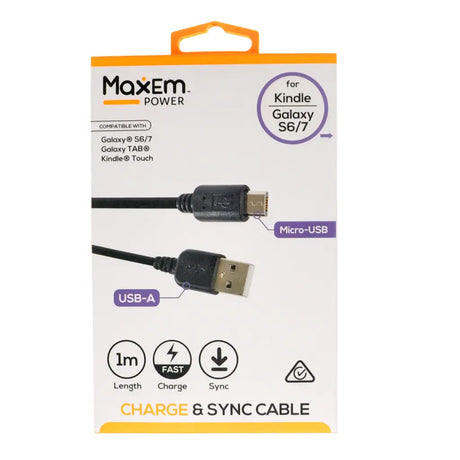 Maxem power charge and sync cable packaging with USB-A and Micro-USB connectors on a white background.