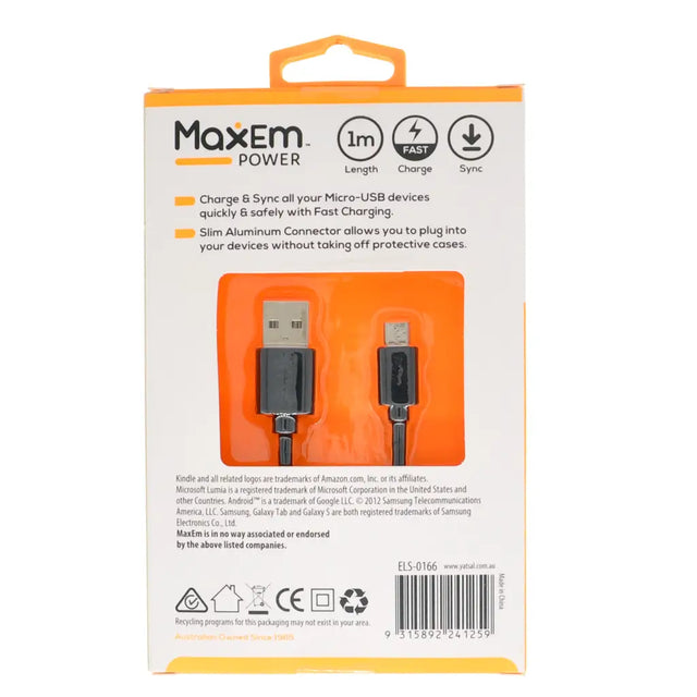 Maxem Power USB cable packaging with orange and white design