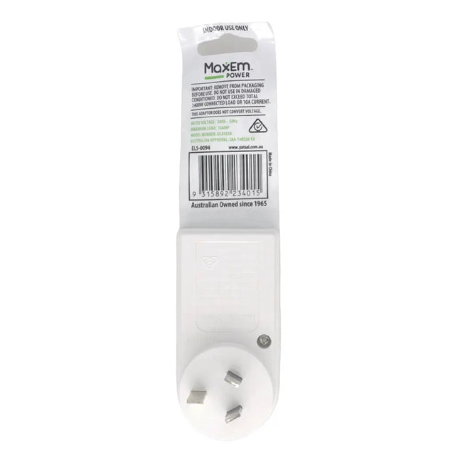 White plug adapter with packaging labeled 'Maxem Power' on a white background