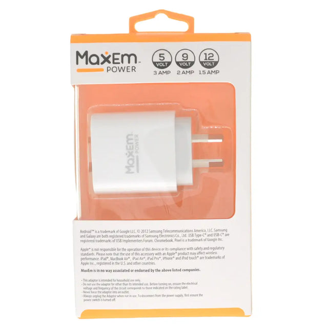 MaxEm power adapter packaging with clear window