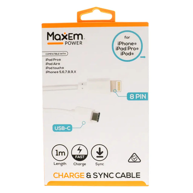 MaxEm Power charge and sync cable packaging on a white background