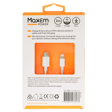 Maxem Power cable packaging with orange and white design on a white background