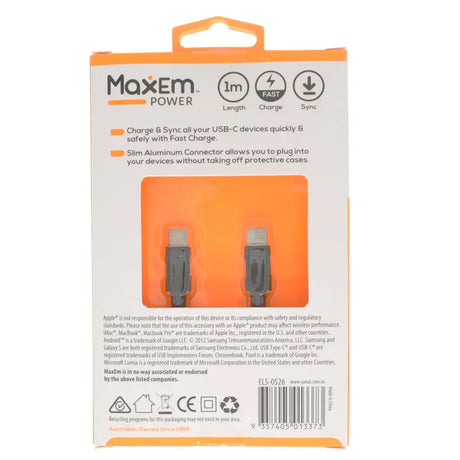 Maxem Power USB-C cable packaging with orange and white design