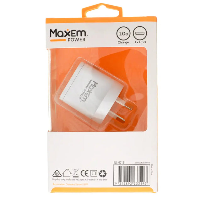 MaxEm Power charger packaging with clear window showing the charger inside.